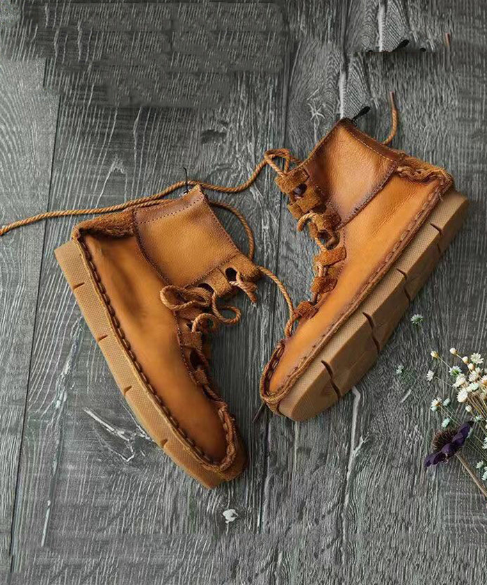 French Khaki Hollow Out Lace Up Cowhide Leather Flats Feet Shoes RT1049 Ada Fashion