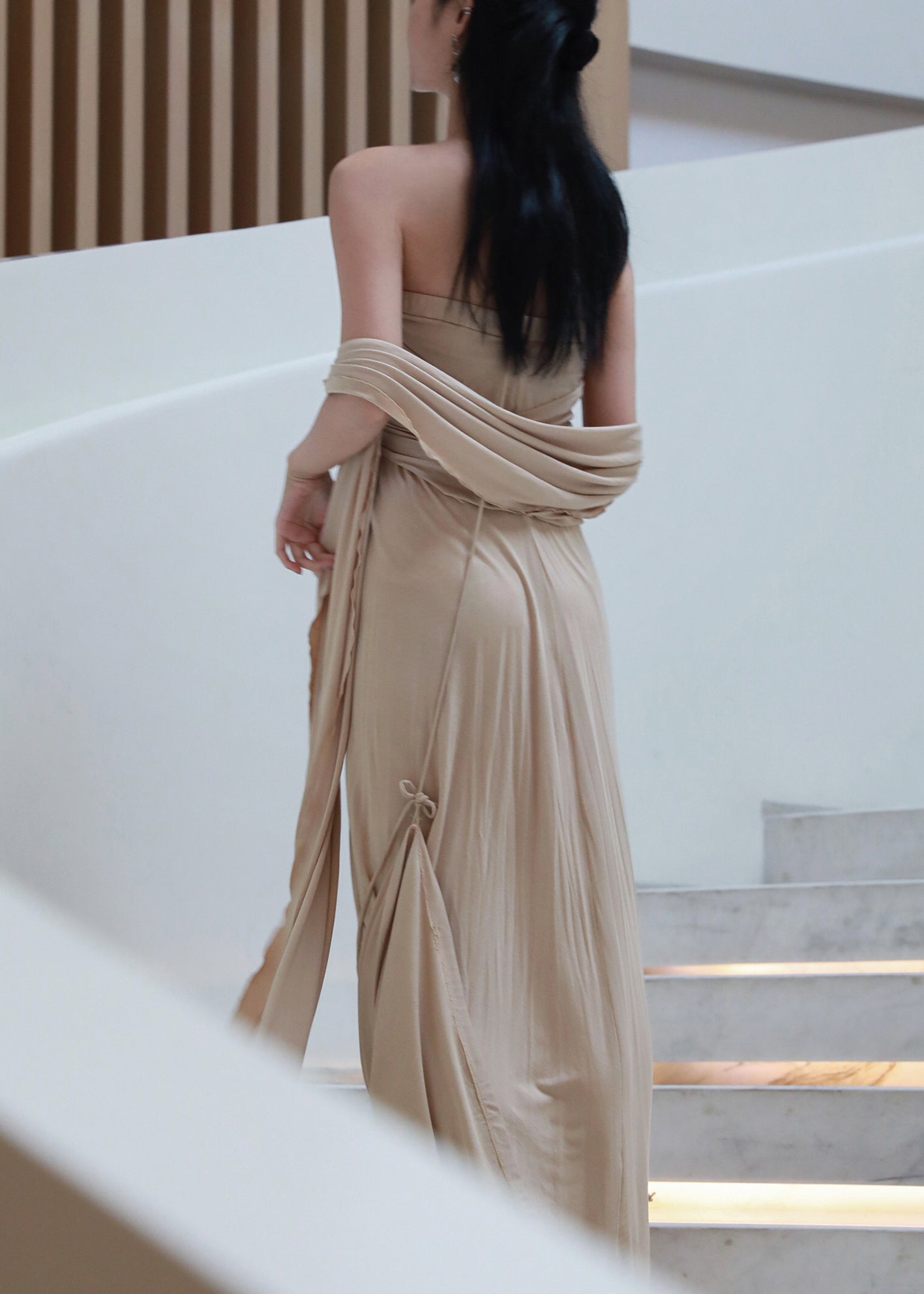 Off French Wrinkled Shoulder Dresses Cotton Khaki Long The FashionChic