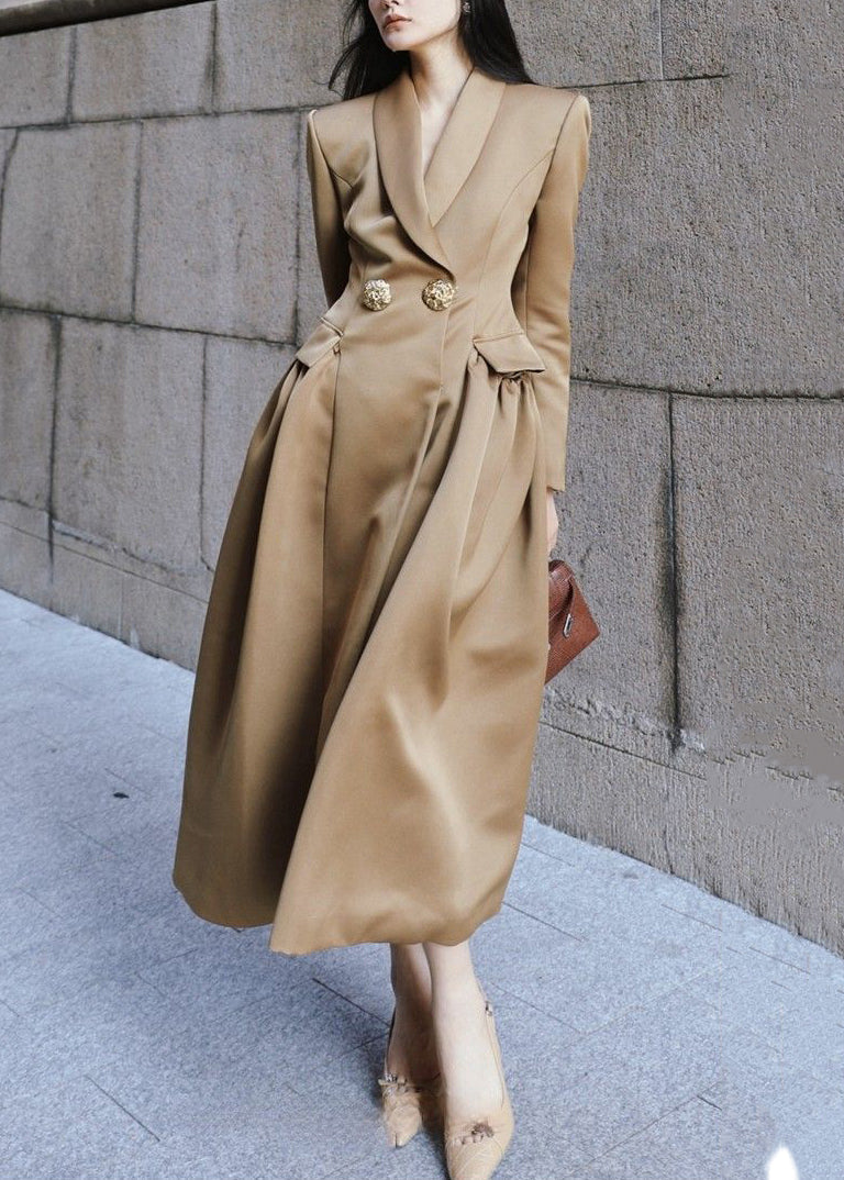 French Khaki Peter Pan Collar Button Silk Long Trench Coat Spring YZ047 ABC