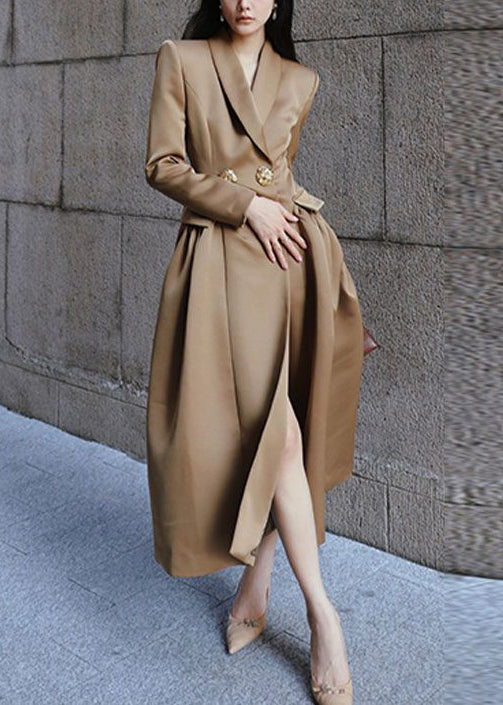 French Khaki Peter Pan Collar Button Silk Long Trench Coat Spring YZ047 ABC