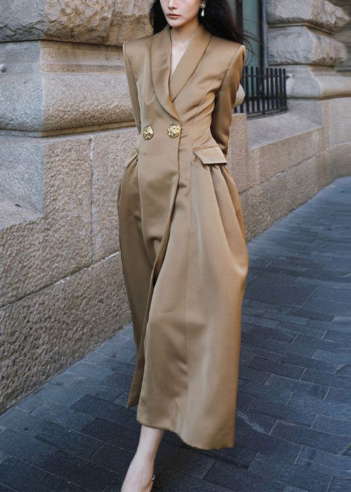 French Khaki Peter Pan Collar Button Silk Long Trench Coat Spring YZ047 ABC