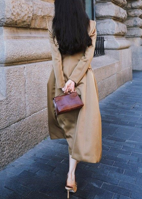 French Khaki Peter Pan Collar Button Silk Long Trench Coat Spring YZ047 ABC