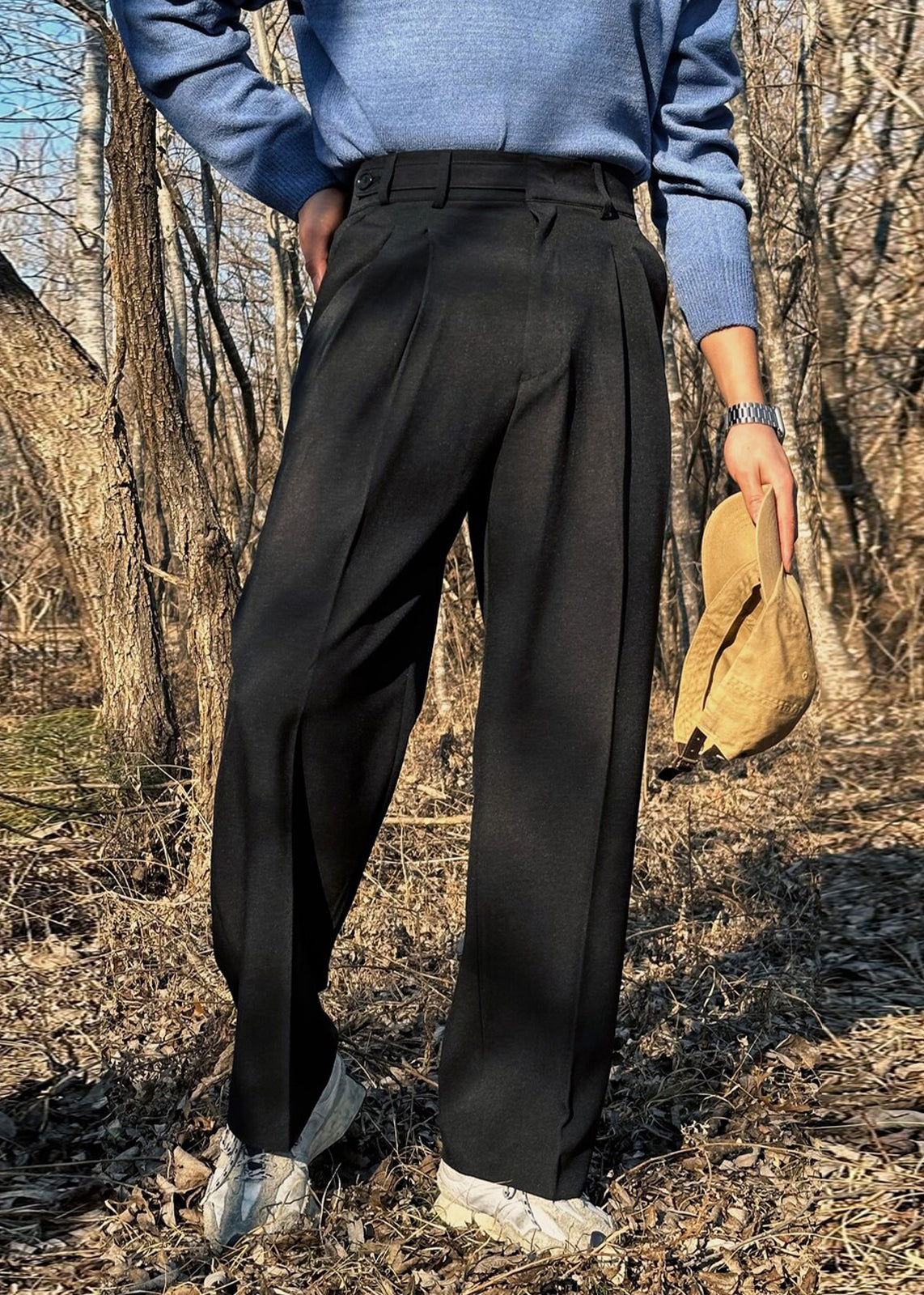 Pockets Solid Pants Fall Waist French High Khaki Mens Spandex FashionChic
