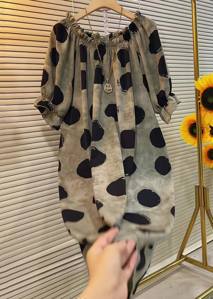 Butterfly Dress Cotton Sleeve Dot Ruffled French Khaki FashionChic