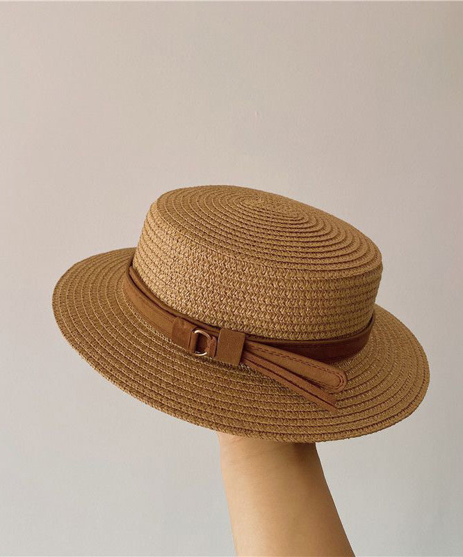 Hat Flat Cloche Sun French Straw Top Woven Khaki FashionChic