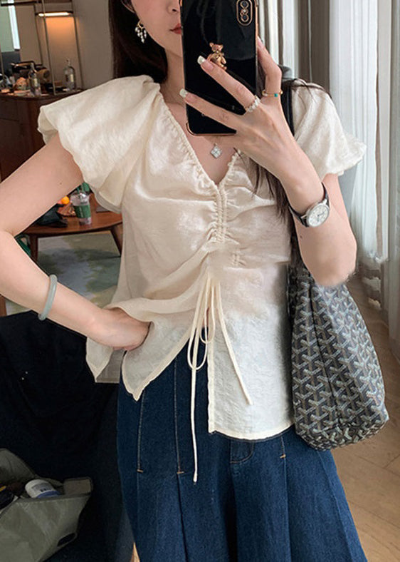 French Khaki V Neck Lace Up Cotton Shirts Puff Sleeve OP1056 Ada Fashion