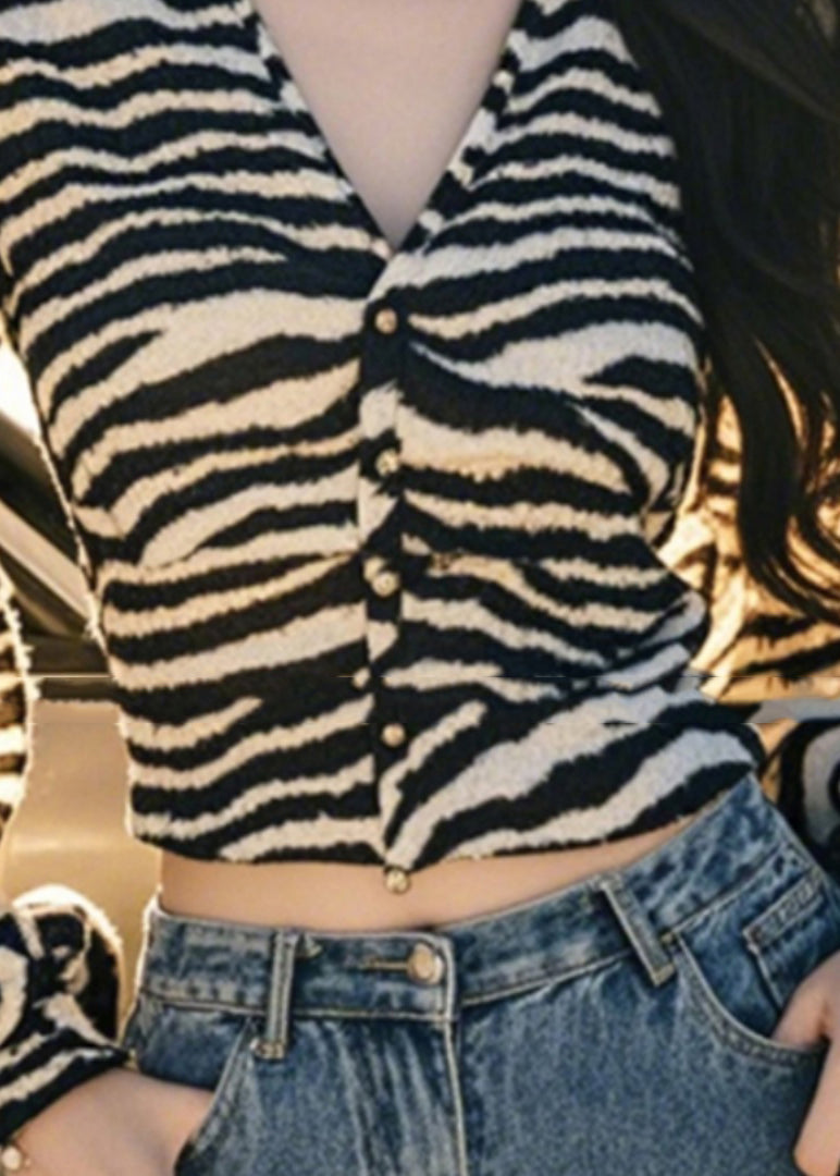 Lantern V Button Leopard French Sleeve Tops Neck FashionChic