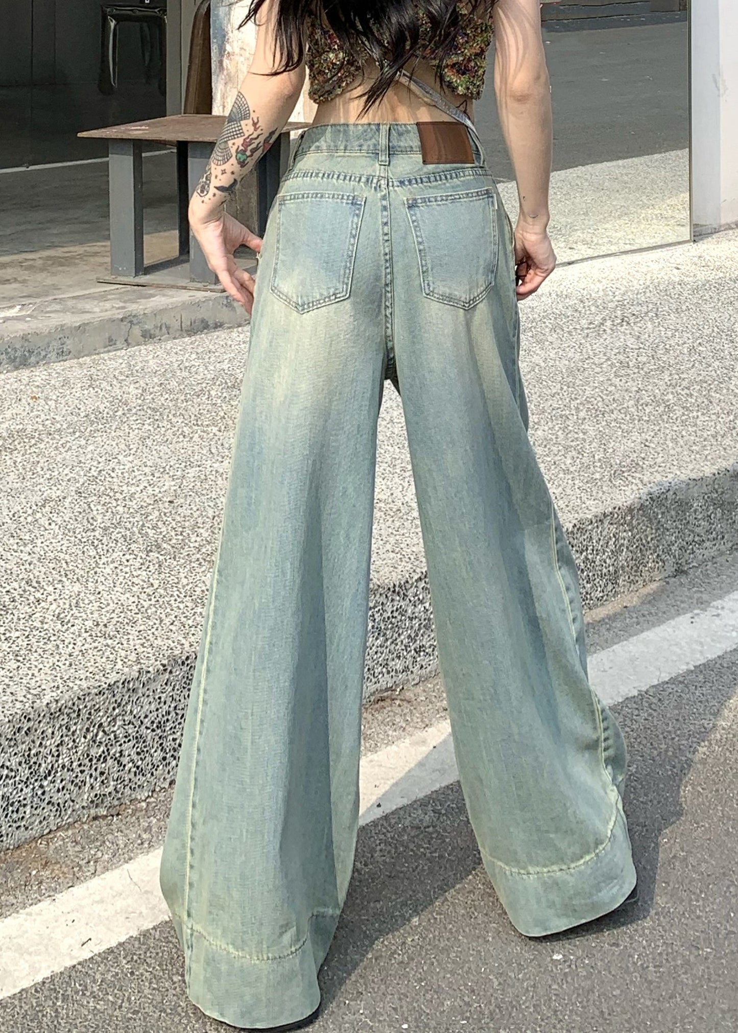 French Light Blue Pockets High Waist Wide Leg Pants Summer PP011 OM-NZ240827