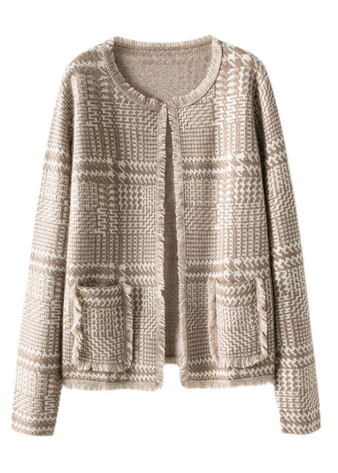 French Light Camel O-Neck Tassel Woolen Cardigan Fall WN031 ABC