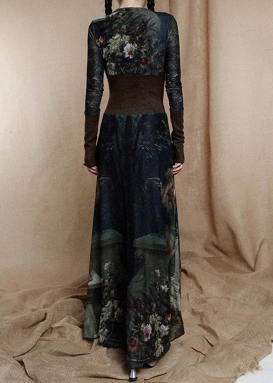 French Photo Color V Neck Print Patchwork Cotton Dress Long Sleeve KK090 SH-LF-FDL240602