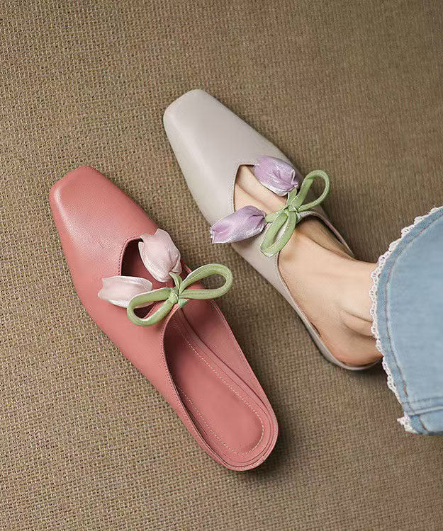 Leather Slide Cowhide Floral French Sandals Pink Splicing FashionChic