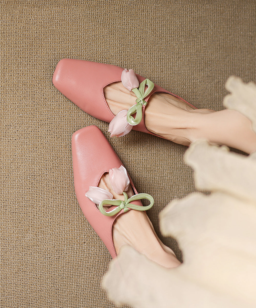 Leather Slide Cowhide Floral French Sandals Pink Splicing FashionChic