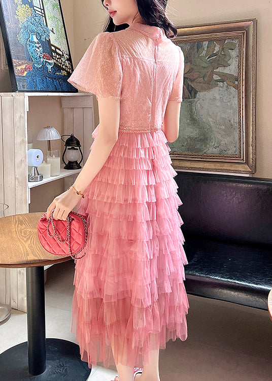 French Pink Embroidered Ruffled Patchwork Tulle Dresses Summer ZL041 SH-LF-SDL240621