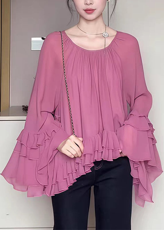 French O-Neck Pink Ruffled Flare Shirts Sleeve Chiffon Patchwork FashionChic