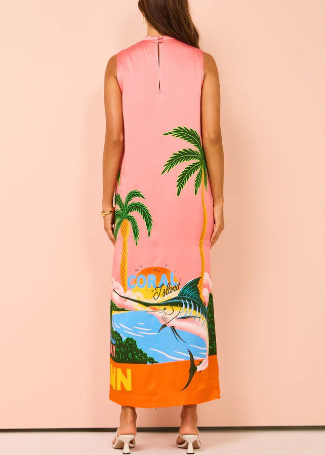 French Pink Print Side Open Silk Maxi Dresses Sleeveless FF099 SH-LF-SDL240603