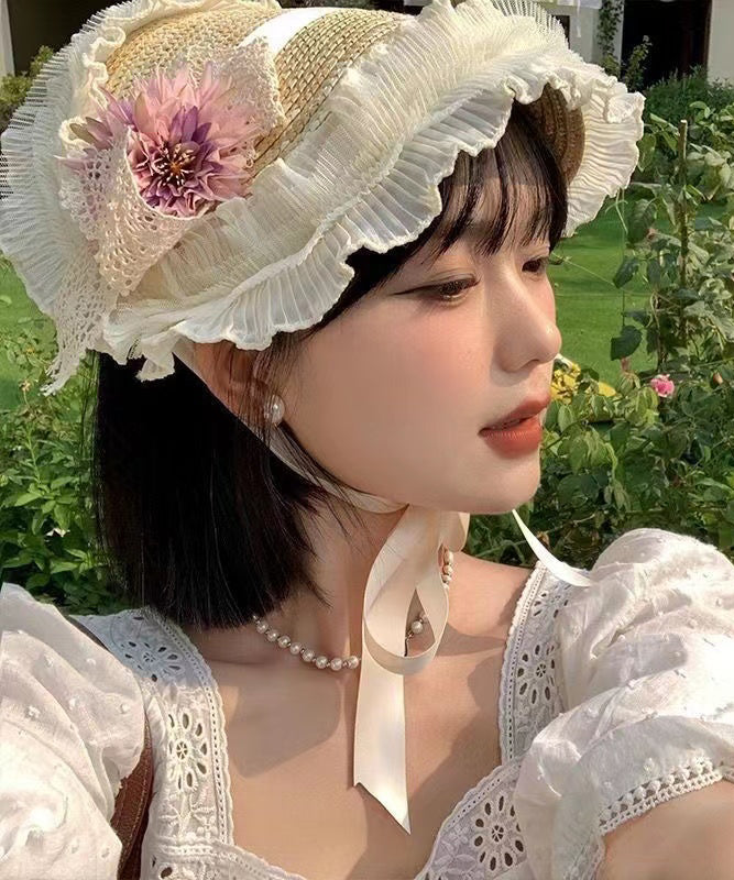 French Pink Purple Lace Flower Ruffles Grass Woven Sun Hat YU1007 Hat-HAT240528
