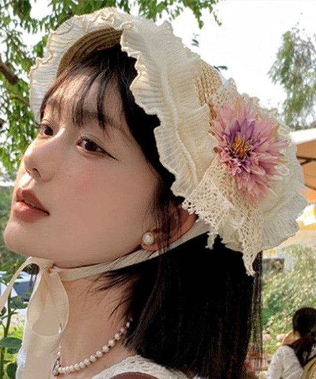 French Pink Purple Lace Flower Ruffles Grass Woven Sun Hat YU1007 Hat-HAT240528