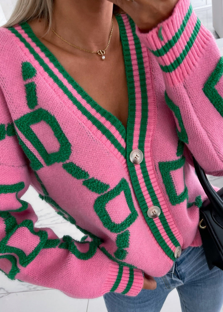 French Pink V Neck Graphic Embroidered Knit Cardigan Fall QY021 BB-ZS-WM-NCT241002