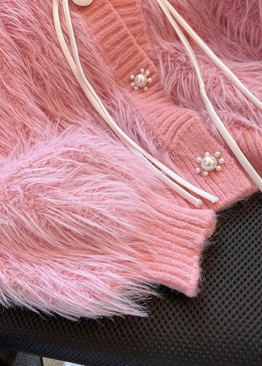 French Pink V Neck Tassel Mink Hair Knitted Cardigan Spring TN005 ABC