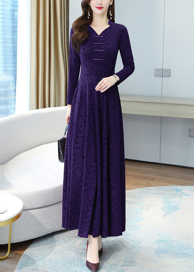 French Purple Jacquard Extra Large Hem Cotton Maxi Dresses Fall OO044 OM-CS240814