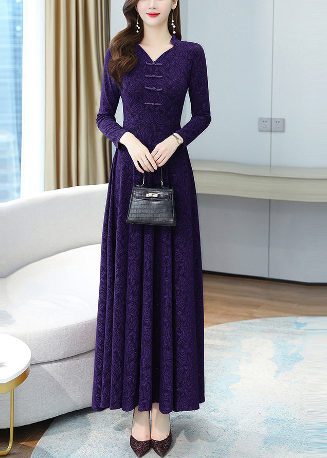 French Purple Jacquard Extra Large Hem Cotton Maxi Dresses Fall OO044 OM-CS240814