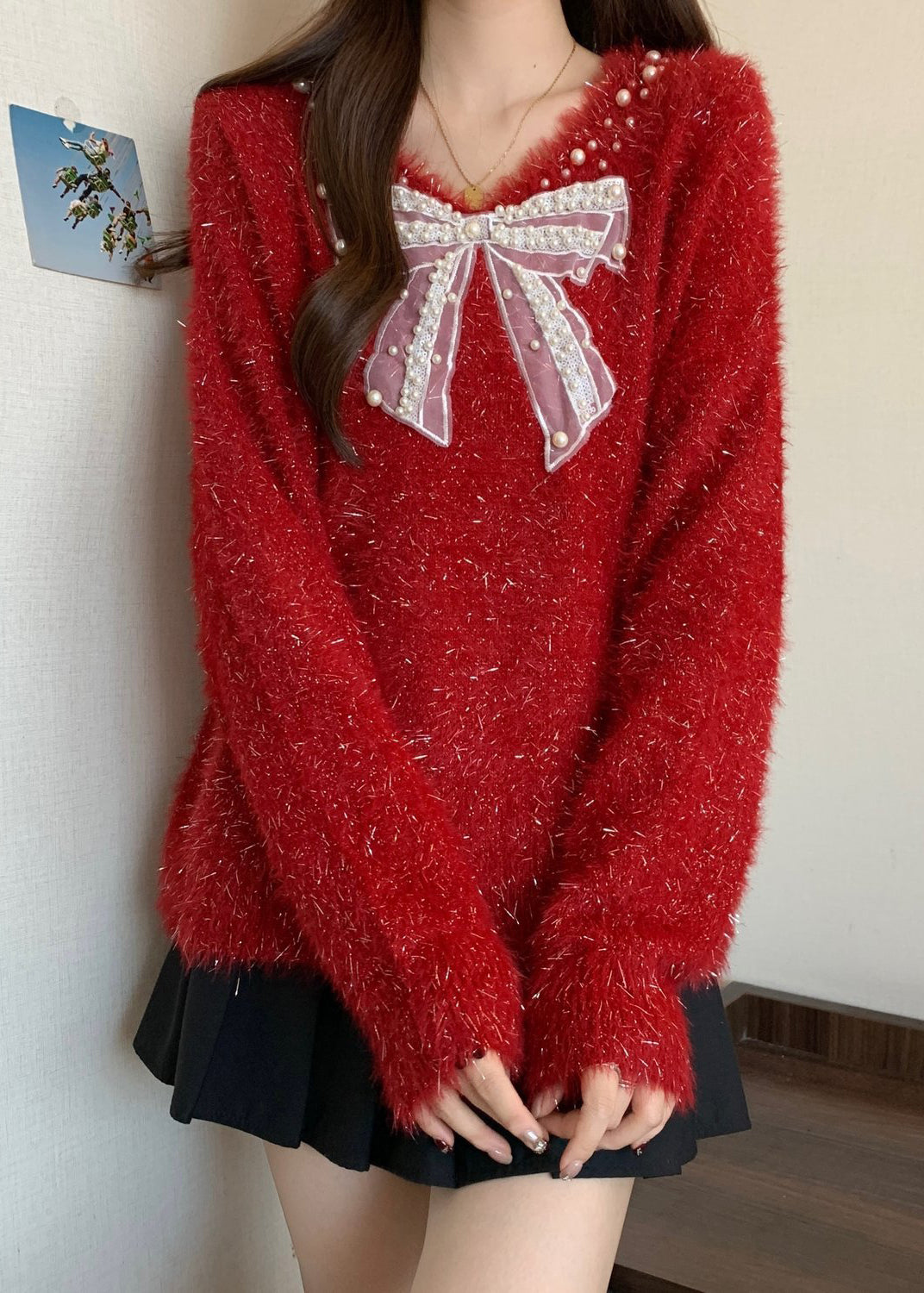 French Red Bow Nail Bead New Year Knit Sweaters Winter RG030 ABC