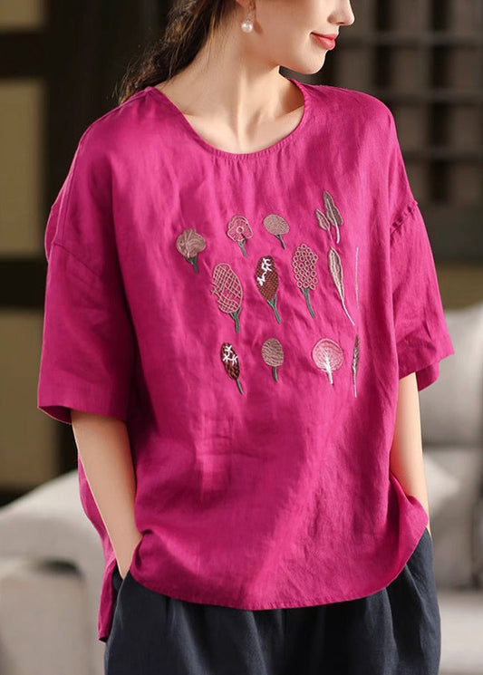 French Half Side Cotton Open Rose Embroidered Sleeve Shirt T FashionChic