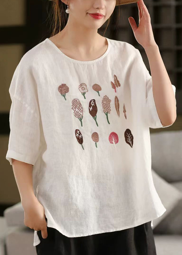 French Half Side Cotton Open Rose Embroidered Sleeve Shirt T FashionChic