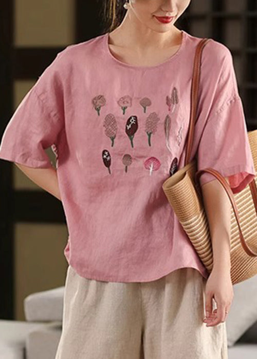 French Half Side Cotton Open Rose Embroidered Sleeve Shirt T FashionChic