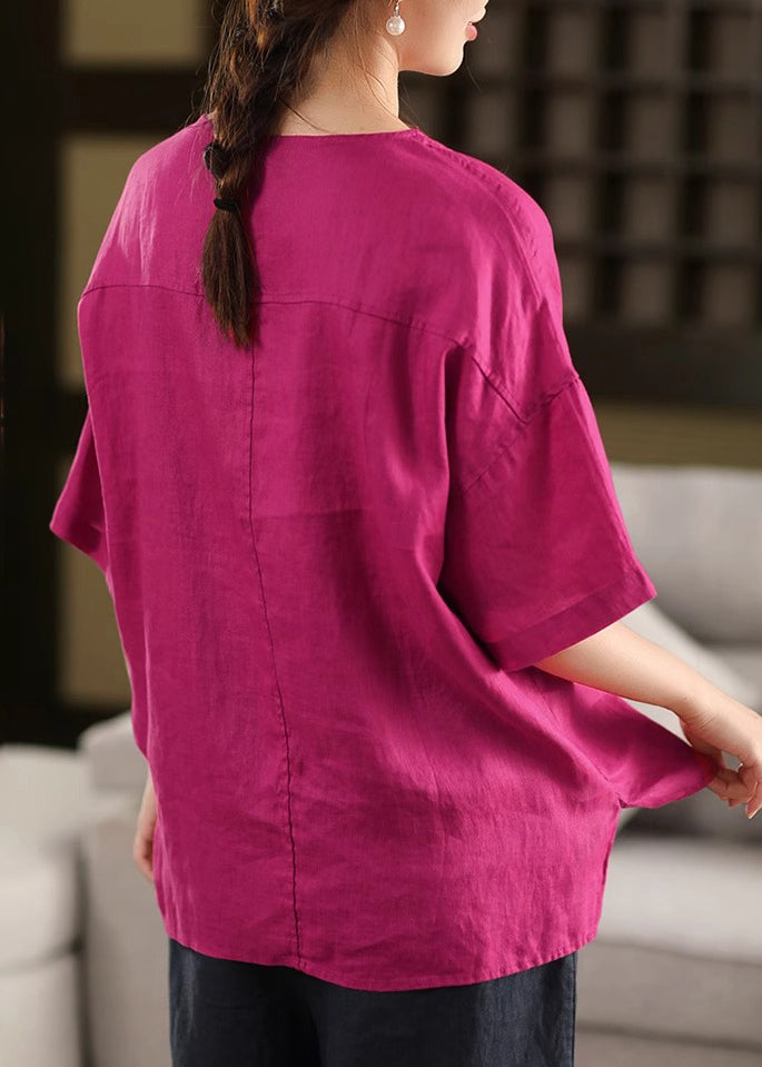 French Half Side Cotton Open Rose Embroidered Sleeve Shirt T FashionChic