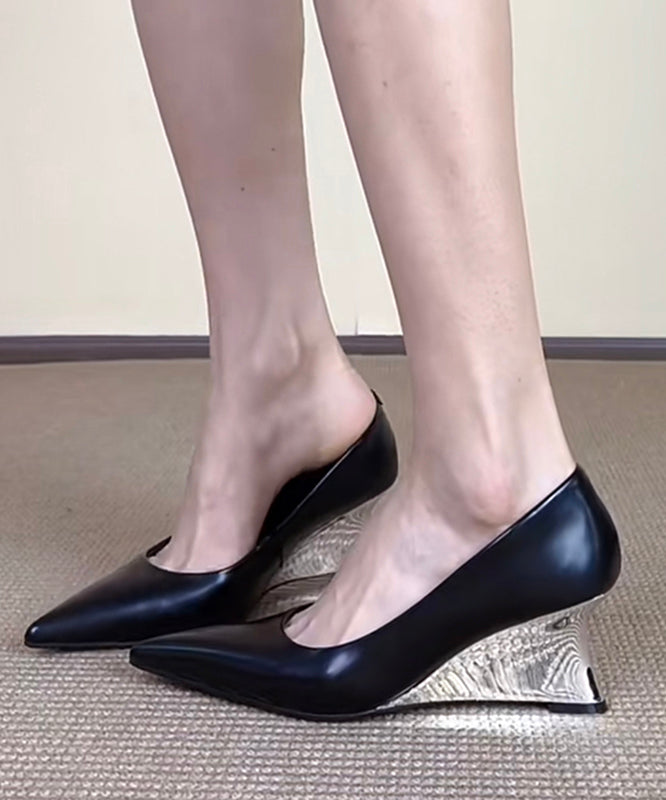 French Silver Faux Leather Wedge Heels Pointed Toe OI013 shoe-PG240801