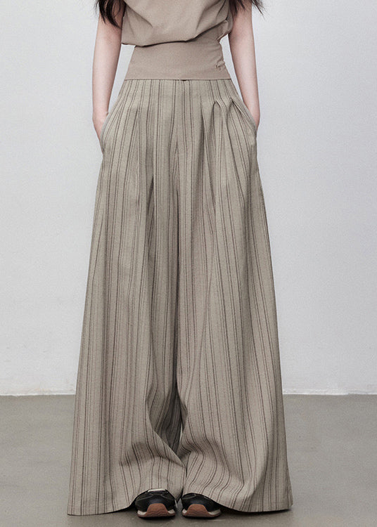 Pockets Cotton Wide Striped Pants French Button Leg Waist High FashionChic