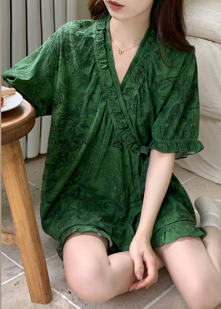 Pajama Sets Ruffled French Cotton Tea Green Print Summer FashionChic