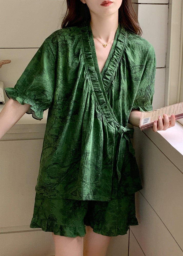 Pajama Sets Ruffled French Cotton Tea Green Print Summer FashionChic