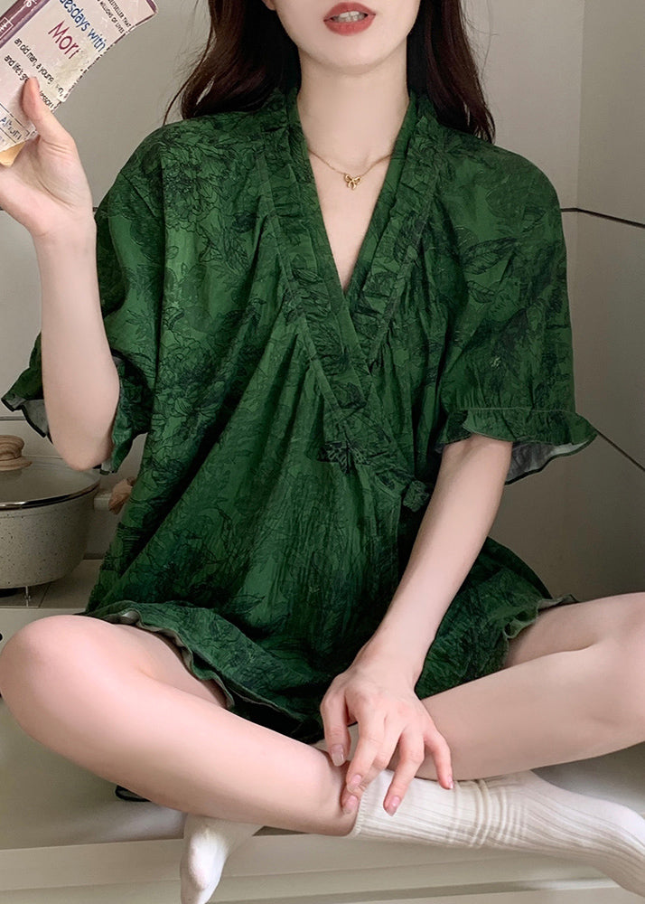 Pajama Sets Ruffled French Cotton Tea Green Print Summer FashionChic