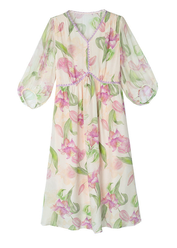 French V Neck Print Silk Dresses Lantern Sleeve BB013 Hawaii-SDL240622