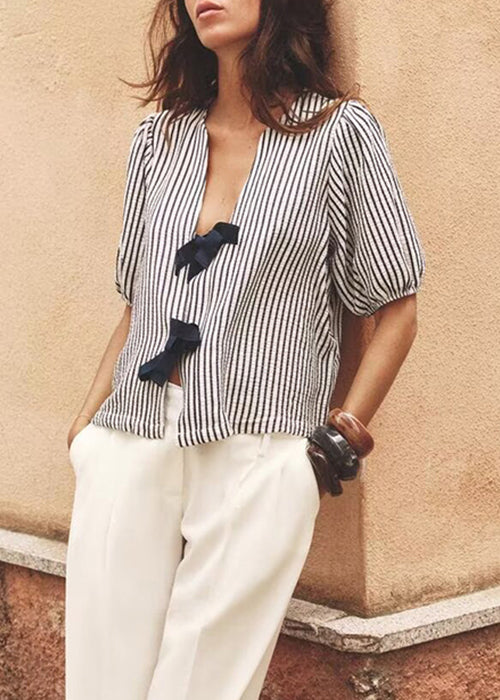 Neck Bow French Shirt V Summer Striped Cotton FashionChic