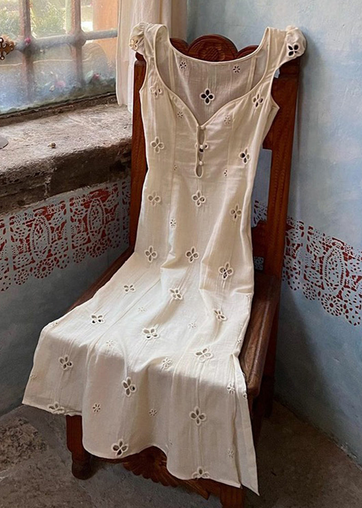 French White Hollow Out Embroidered Cotton Slim Fit Dress Summer AL1072 Genistyle Shop