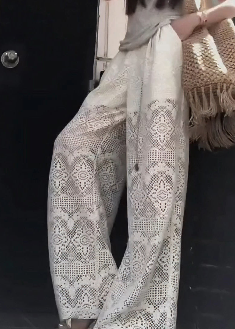 French White Hollow Out Pockets Elastic Waist Lace Pants Summer AB1012 Genistyle Shop