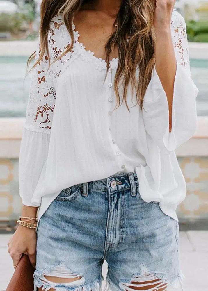 Shirts White Patchwork Flare French Sleeve Lace FashionChic