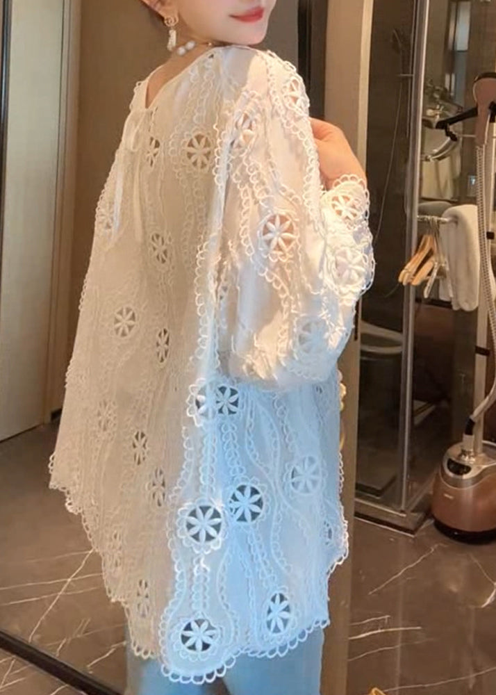 French Hollow White Out Sleeve Cotton Flare Shirt O Neck FashionChic