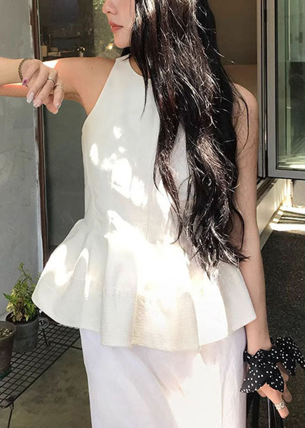Neck O Sleeveless French White Ruffled Top Cotton FashionChic