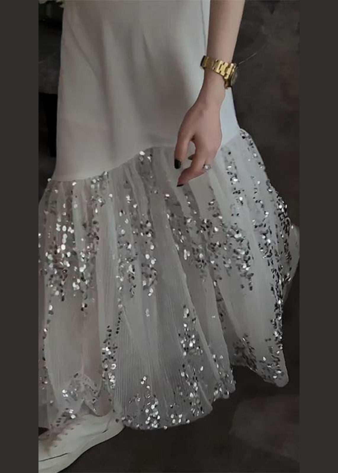 French White O Neck Sequins Tulle Patchwork Dresses Sleeveless ZL045 SH-LF-SDL240621