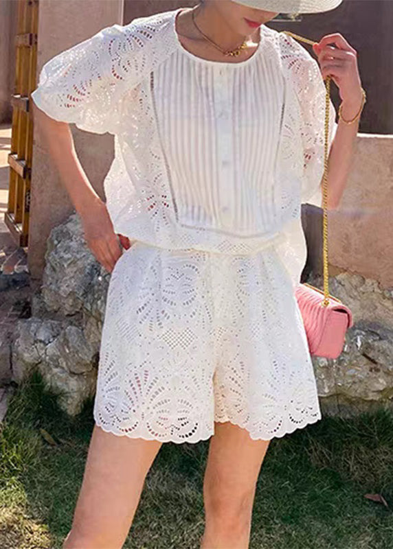 White Short Shorts Sleeve French O-Neck Shirt And Set Two Pieces FashionChic