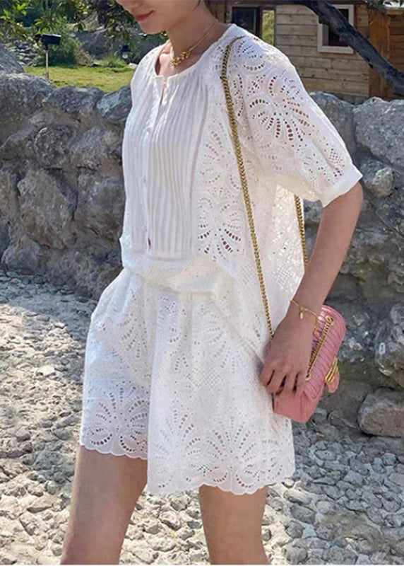 White Short Shorts Sleeve French O-Neck Shirt And Set Two Pieces FashionChic