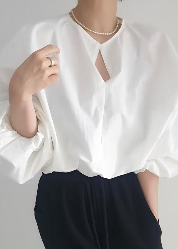 White French Tops Lantern Cotton Shirt Oversized Sleeve FashionChic
