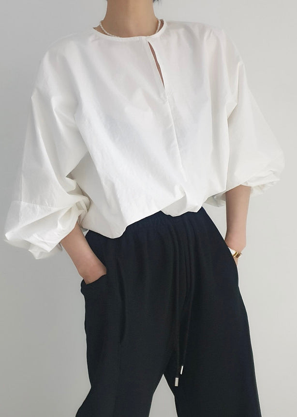 White French Tops Lantern Cotton Shirt Oversized Sleeve FashionChic