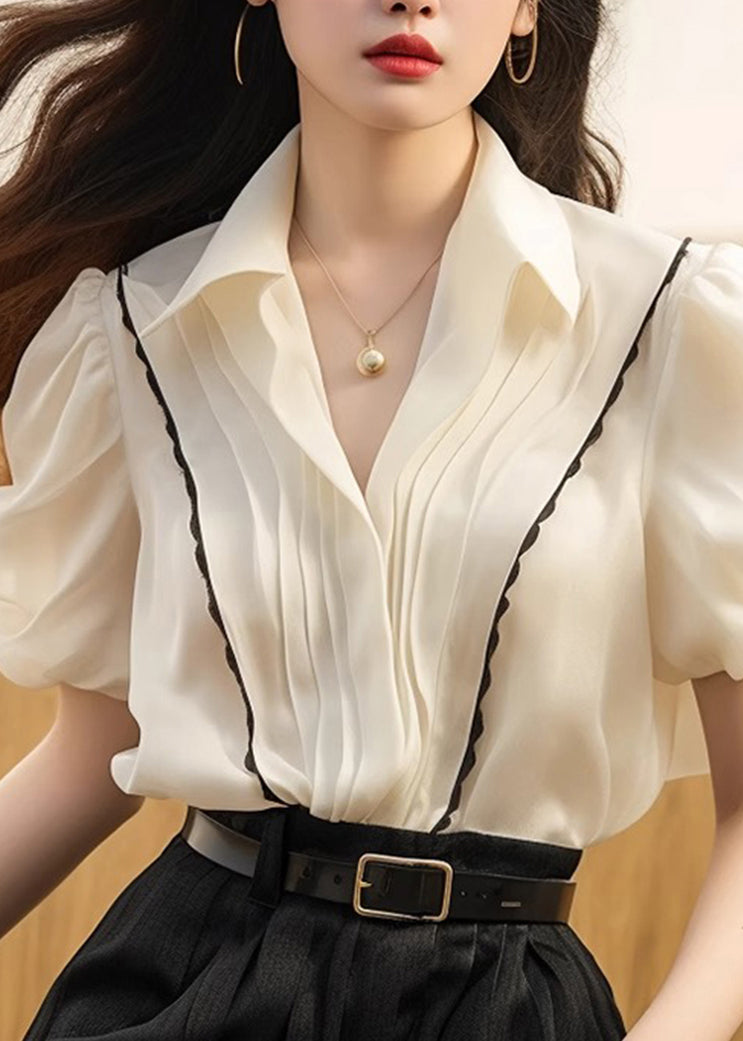 White Peter Patchwork Tops Pan Silk French Wrinkled Summer Collar FashionChic