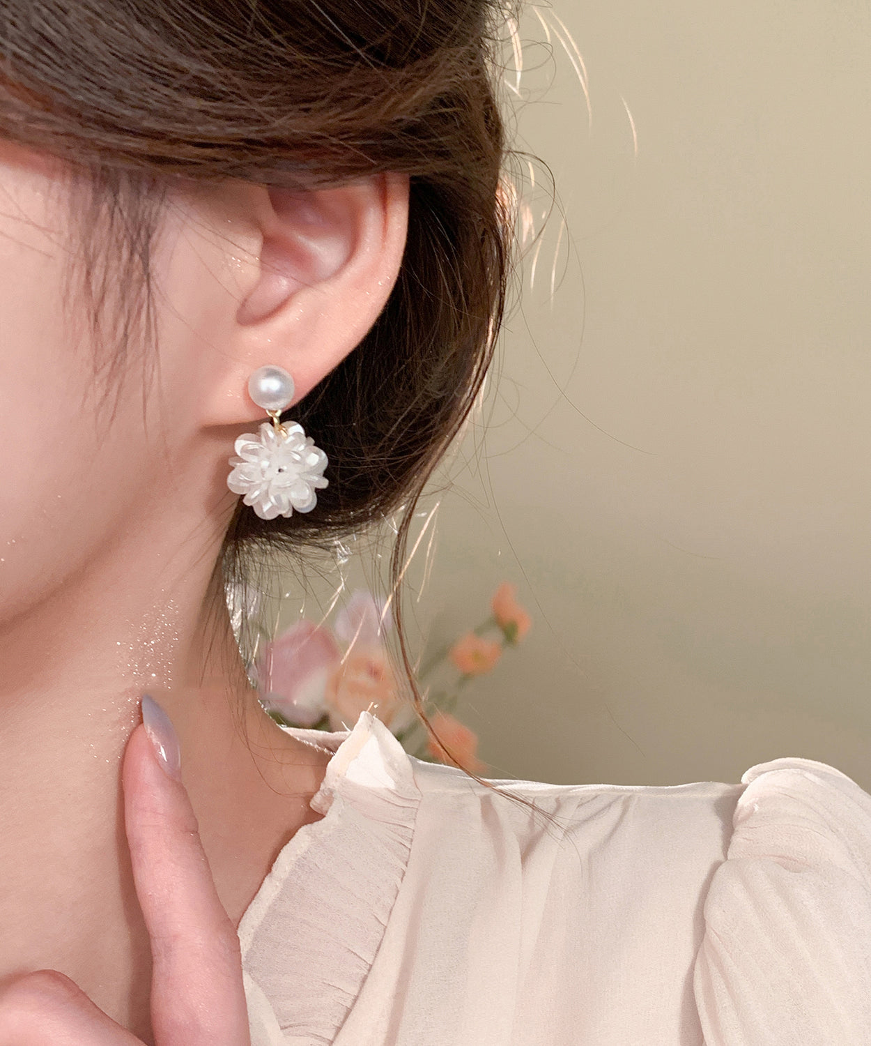 Pearl French Earrings Sterling White Resin Silver Hydrangea Stud FashionChic