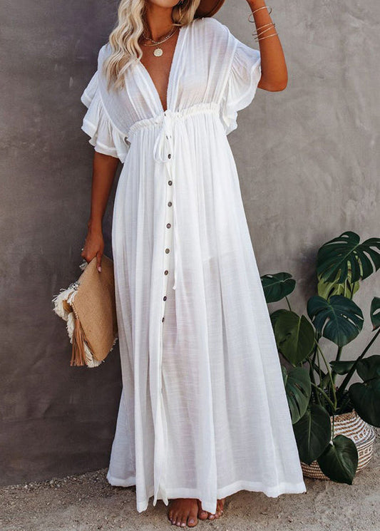 Dress Neck White Button V French Maxi Short Sleeve FashionChic